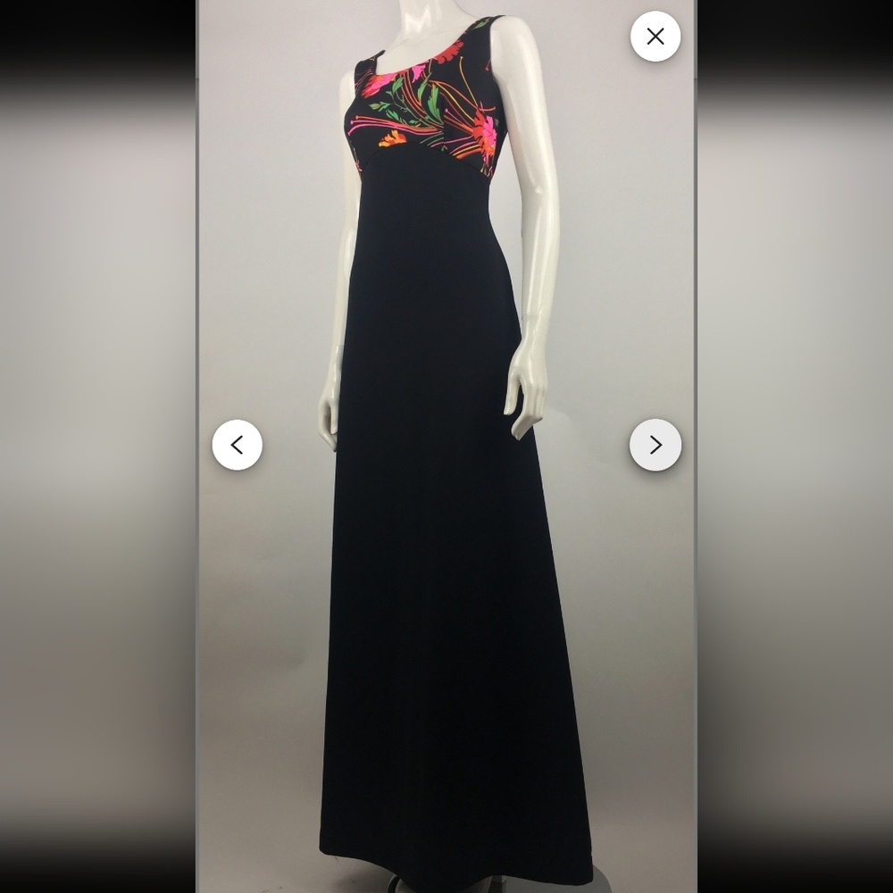 Vintage 70s Floral Maxi Black Hostess Cocktail Evening Party Dress | Size M - Picture 10 of 16